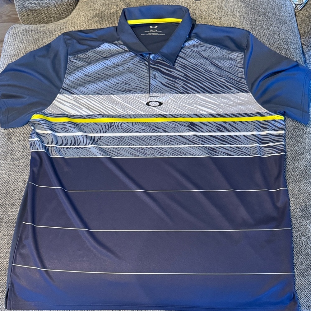 Oakley Men's Blue and Gray Polo with Yellow Accent